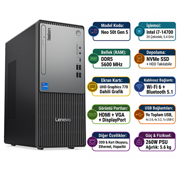 Lenovo ThinkCentre Neo 50T Gen 5 i7-14700 48 GB RAM 2 TB SSD W11Pro Masaüstü Bilgisayar 12UD001UTR 019
