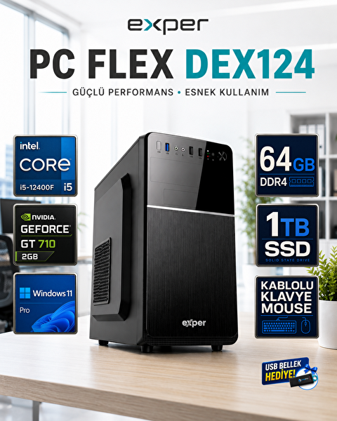 Exper PC Flex DEX124 Core i5-12400F 64 GB RAM DDR4 1 TB SSD GT710 2 GB W11Pro Masaüstü Bilgisayar DEX124R