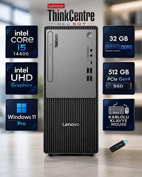 Lenovo ThinkCentre Neo 50t Gen 5 Intel Core i5-14400 32 GB 512 GB SSD W11Pro Mini Masaüstü Siyah 12UD002CTRRNP05