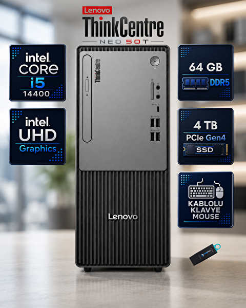 Lenovo ThinkCentre Neo 50T Gen 5 Core i5-14400 64 GB DDR5 4 TB SSD FreeDOS Mini Masaüstü Siyah 12UD002CTRRNP12F