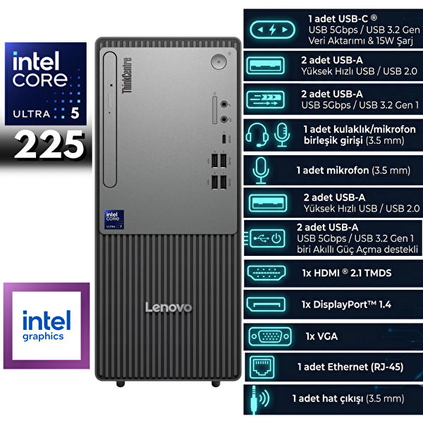 Lenovo Neo 50T ThinkCenter Ultra 5-225 64 GB DDR5 RAM 4 TB SSD Intel Graphics W10 Pro Masaüstü Bilgisayar 13BD007UTRHMF73