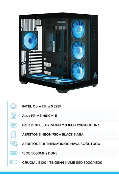 Aerstone Gaming Neon RTX 5060TI Intel Ultra 5 225F 16 GB DDR5 Ram 1TB SSD FreeDOS Hava Soğutucu Oyuncu OEM Paket