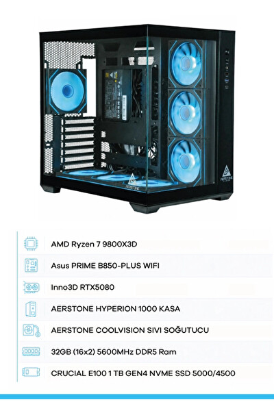 Aerstone Gaming Hyperion RTX 5080 Ryzen 7 9800X3D 32 GB DDR5 Ram 1TB SSD FreeDOS Sıvı Soğutucu Oyuncu OEM Paket