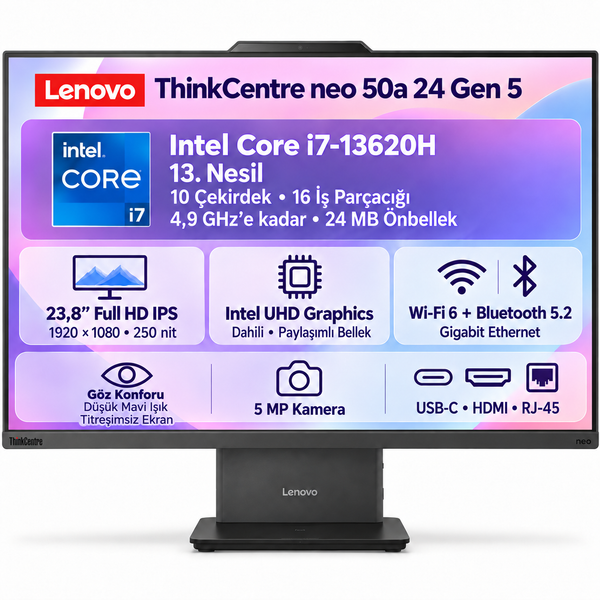 Lenovo ThinkCentre Neo 50A Gen 5 i7-13620H 16 GB DDR5 RAM 512 GB SSD 23.8