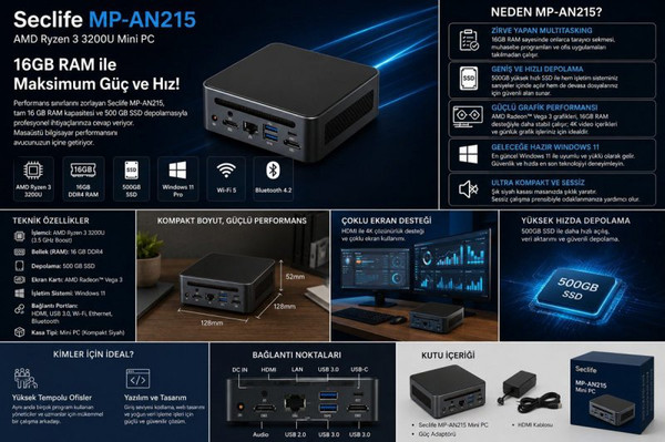 Seclife MP-AN215 Ryzen 3 3200U 16 GB RAM 500 GB SSD FreeDOS Siyah Mini Masaüstü