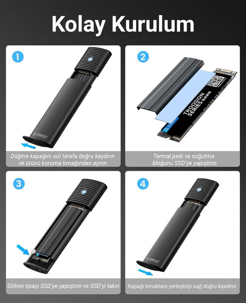 Orico USB3.2 Gen2 10Gbps Type-C M.2 NVMe SSD Disk Kutusu Alüminyum Siyah PWM2-G2-BK-EP