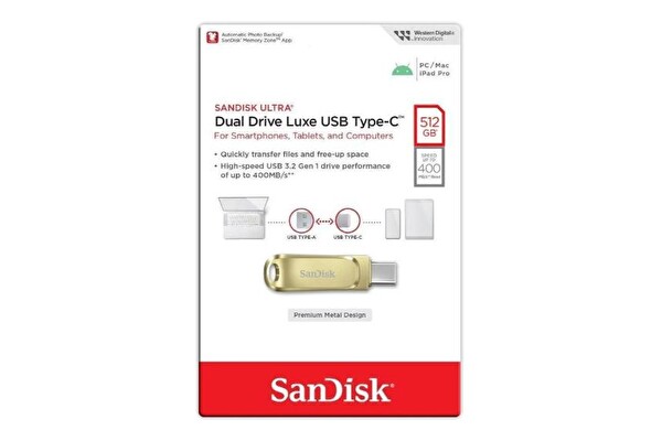 Sandisk Ultra Dual Drive Luxe 512 GB SDDDC4-512G-G46GD TYPE-C Gold USB Bellek