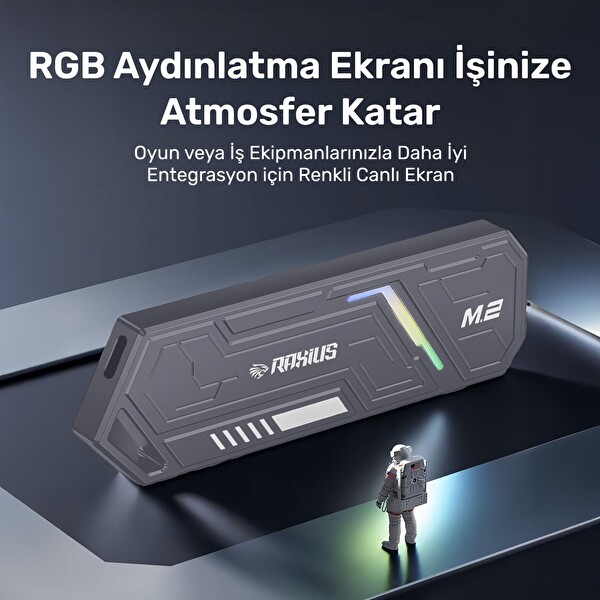 Raxius DK03 USB-A/Type-C Kablolu RGB 22x80 M.2 NVMe Taşınabilir Harici SSD Boş Kutu