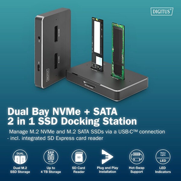 Digitus M.2 NVMe + SATA SSD Docking Station - USB-C SD Express 10GBPS Hız 2’si 1 Arada SSD Yerleştirme İstasyonu