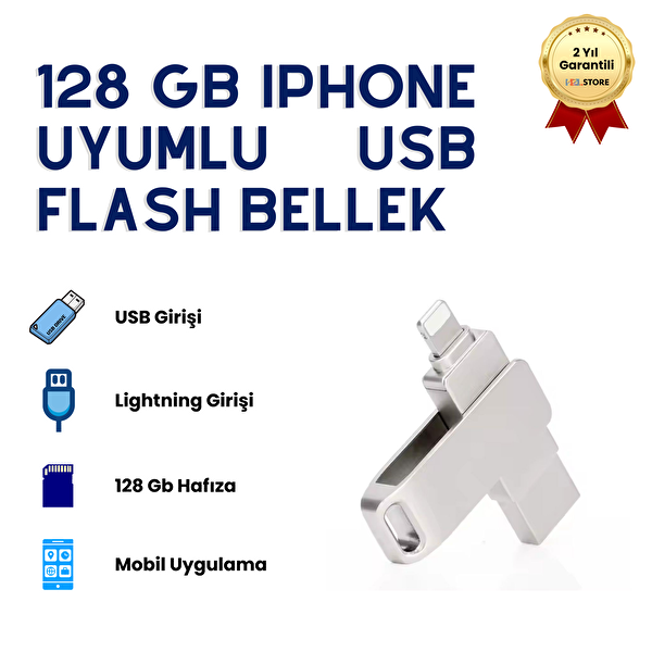 Hzl Store 128 GB iPhone Uyumlu USB Flash Bellek OTG Lightning ve USB Girişli Yedekleme ve Taşıma