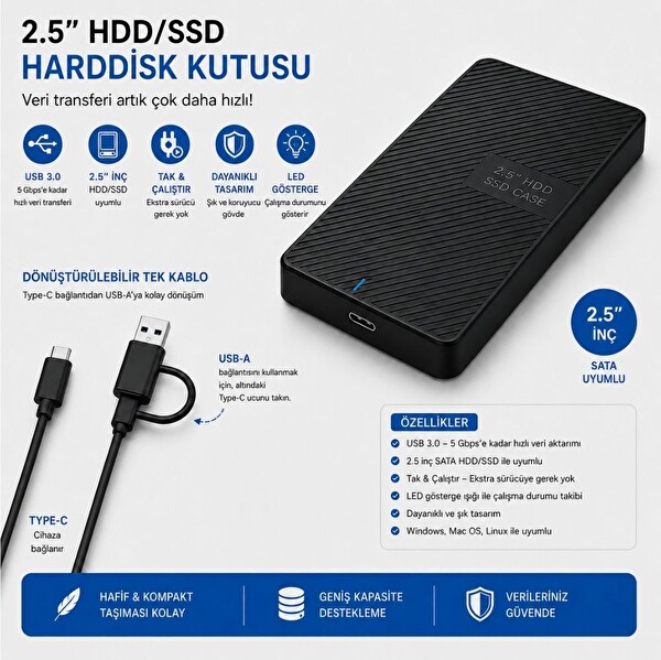 ScHitec 2.5 HDD/SSD USB 3.0 Type-C Harici Disk Kutusu Artı Type-C to Type-C Kablo USB-A Çeviricili