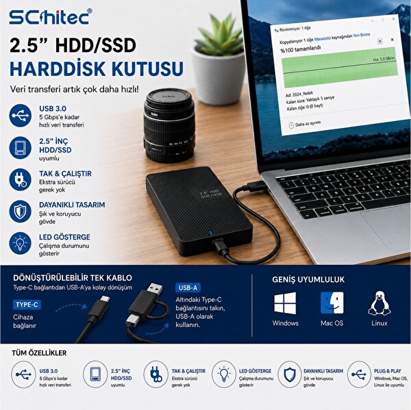 ScHitec 2.5 HDD/SSD USB 3.0 Type-C Harici Disk Kutusu Artı Type-C to Type-C Kablo USB-A Çeviricili