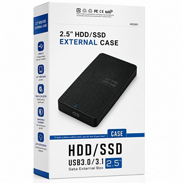 ScHitec 2.5 HDD/SSD USB 3.0 Type-C Harici Disk Kutusu Artı Type-C to Type-C Kablo USB-A Çeviricili