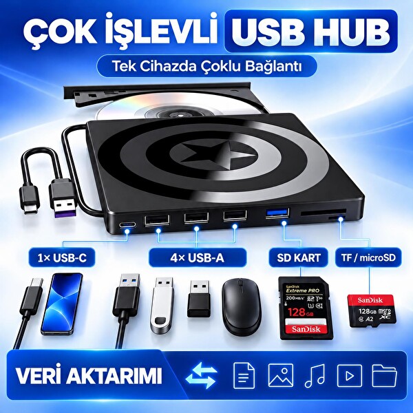 Valkyrie USB 3.0 Type-C Hub SD TF Kart Okuyucu 4 USB Portlu İnce Taşınabilir Harici CD DVD Okuyucu Yazıcı
