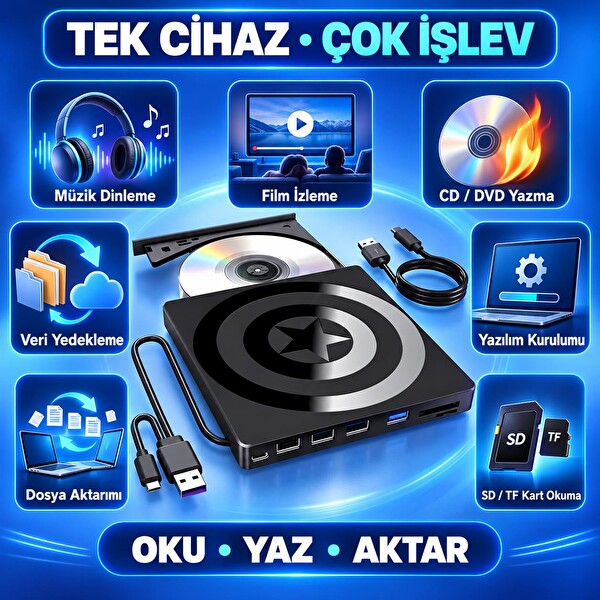 Valkyrie USB 3.0 Type-C Hub SD TF Kart Okuyucu 4 USB Portlu İnce Taşınabilir Harici CD DVD Okuyucu Yazıcı