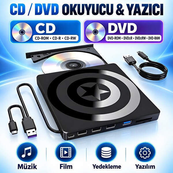 Valkyrie USB 3.0 Type-C Hub SD TF Kart Okuyucu 4 USB Portlu İnce Taşınabilir Harici CD DVD Okuyucu Yazıcı