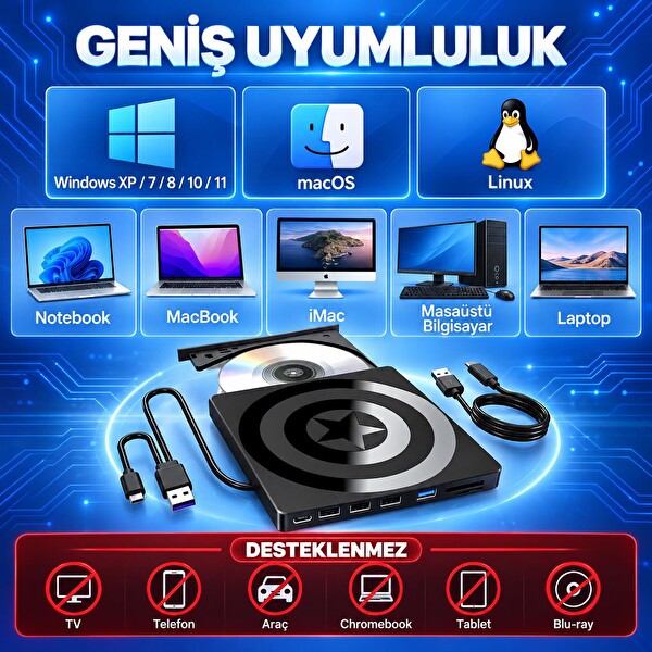Valkyrie USB 3.0 Type-C Hub SD TF Kart Okuyucu 4 USB Portlu İnce Taşınabilir Harici CD DVD Okuyucu Yazıcı