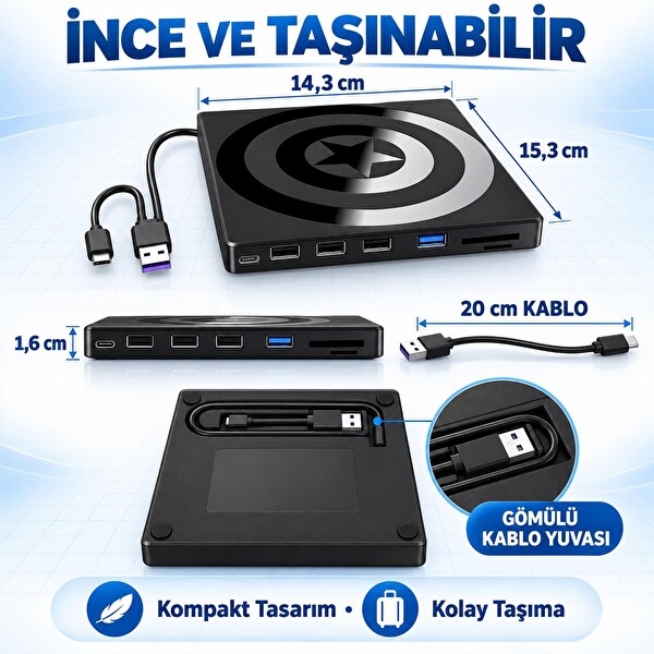 Valkyrie USB 3.0 Type-C Hub SD TF Kart Okuyucu 4 USB Portlu İnce Taşınabilir Harici CD DVD Okuyucu Yazıcı