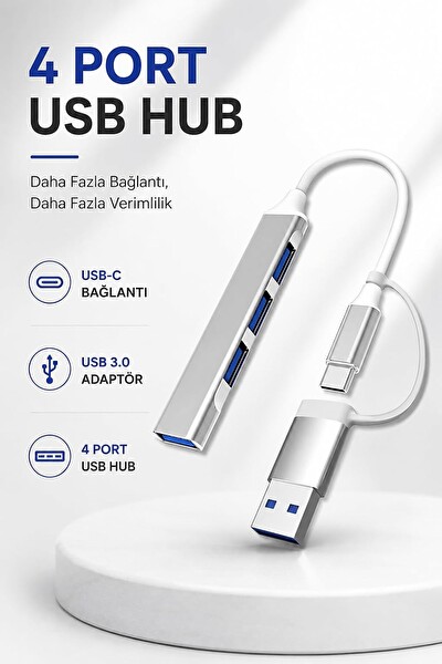 Coverzone AC809 4 Portlu USB-C Hub ENT USB 3.0 Adaptör Tablet - PC - MacBook Uyumlu