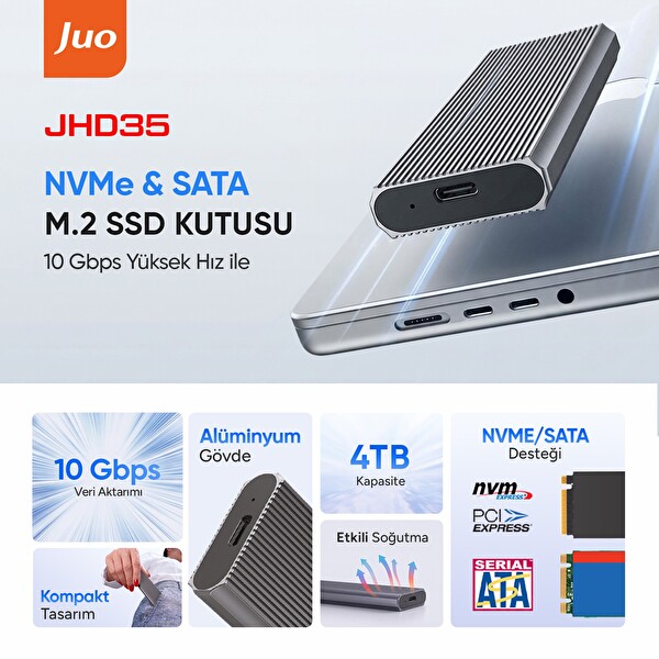 Juo JHD35 M.2 Type-C USB 3.1 10 Gbps 4 TB Destekli SATA NVMe SSD Dual Protocol Disk Kutusu