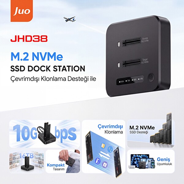 Juo JHD38 Dual M.2 NVMe SSD Offline Clone Docking Station 16TB Type-C 10Gbps USB 3.2 Klon Fonksiyonlu Disk İstasyonu