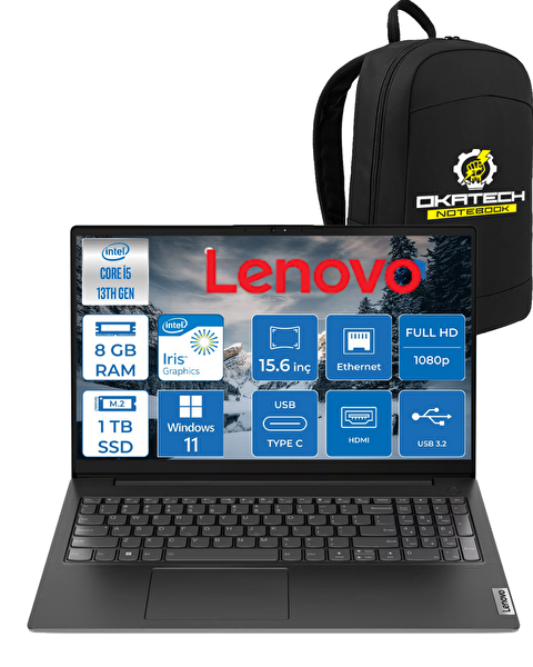 Lenovo V15 G4 INTEL i5 -13420H 15.6” 8 GB RAM DDR4 1 TB NVM SSD FHD W11Pro Notebook - Okatech Çanta