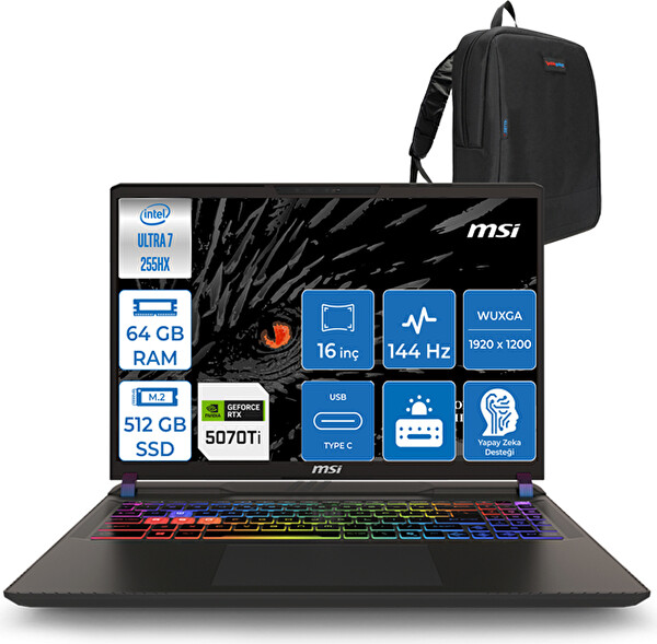 MSI Vector 16 Hx Aı Ultra 7 255HX Aı 64 GB DDR5 512 GB SSD 12 GB/RTX5070TI/140W WIN11HOME 16