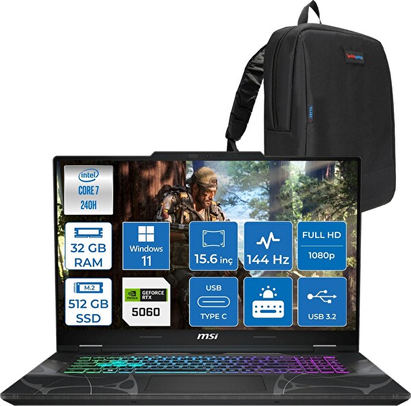 MSI Cyborg 15 Core 7 240H 32 GB RAM DDR5 512 GB SSD RTX 5060 8 GB W11Home 15.6