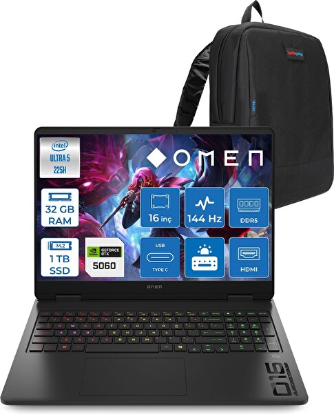 HP Omen 16-AM0037NT Ultra 5 225H 32 GB RAM 1 TB SSD RTX 5060 8 GB FreeDOS 16