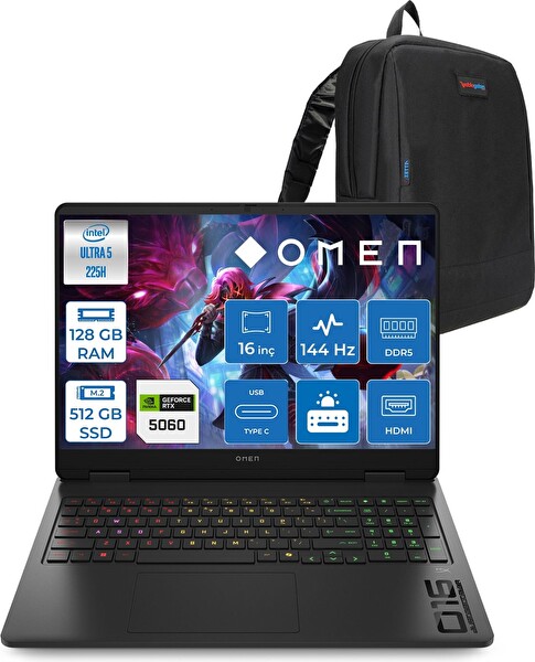 HP Omen 16-AM0037NT Core Ultra 5 225H 128 GB RAM 512 GB SSD RTX 5060 8 GB FreeDOS 16
