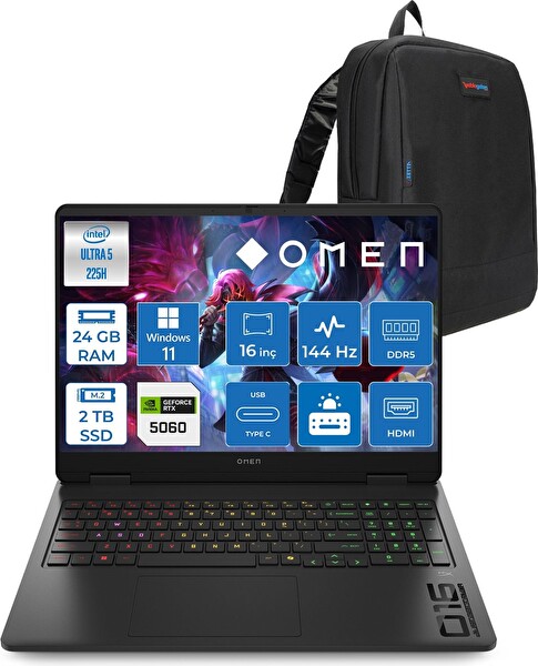 HP Omen 16-AM0037NT Ultra 5 225H 24 GB RAM 2 TB SSD RTX 5060 8 GB W11Home 16
