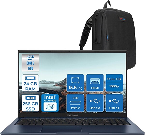 Asus Vivobook X1504VA 15 1.nesil Core 5 120U 24 GB RAM-256 GB SSD FHD 15.6