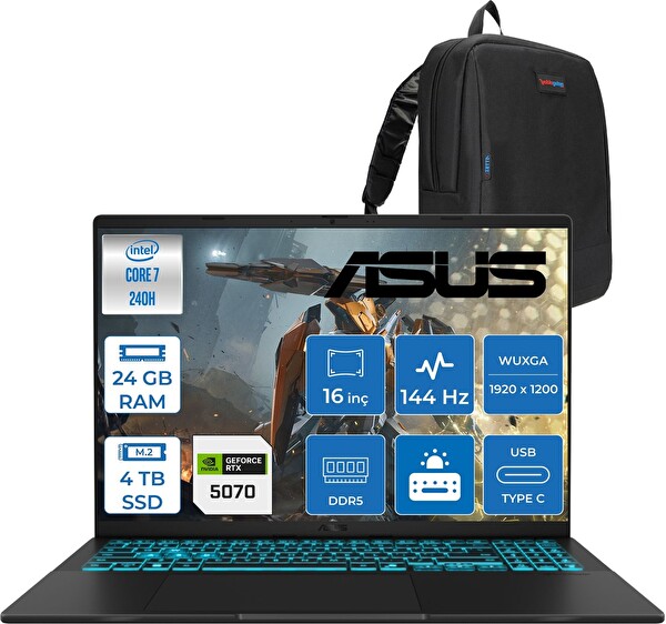 Asus Vivobook V16 2.nesil 7 240H Aı 24 GB RAM 4 TB SSD RTX 5070 8 GB 16