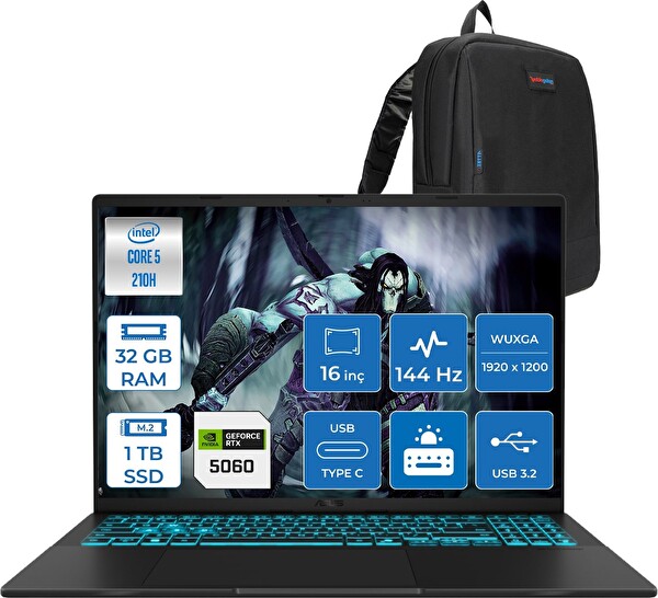 Asus Vivobook 16 V3607VM Core 5 210H 32 GB RAM 1 TB SSD RTX 5060 GDDR7 8 GB FreeDOS 16