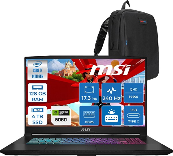 MSI Katana 17 Hx Core i7 14650HX 128 GB Ddr5 4 TB SSD FreeDOS RTX5060 8 GB 115W 17.3
