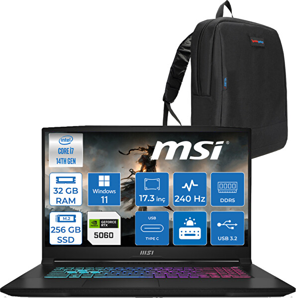 MSI Katana 17 Hx B14WFK-215XTR I7-14650HX 32 GB RAM 256 GB SSD 8GB RTX5060 17.3