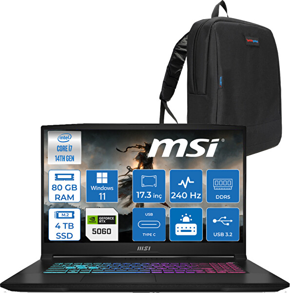 MSI Katana 17 Hx B14WFK-215XTR I7-14650HX 80 GB RAM 4 TB SSD 8GB RTX5060 17.3