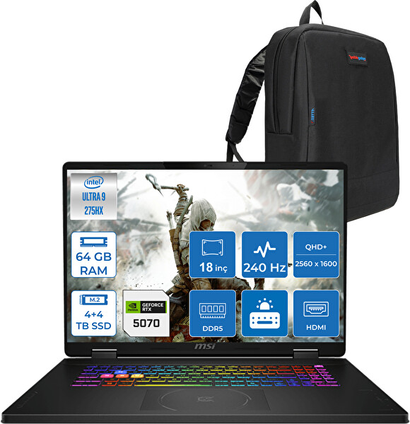 MSI Crosshair 18 Hx A2XWGKG-032XTR Ultra 9-275HX 64 GB 4 TB SSD-4 TB SSD 8GB RTX5070 18