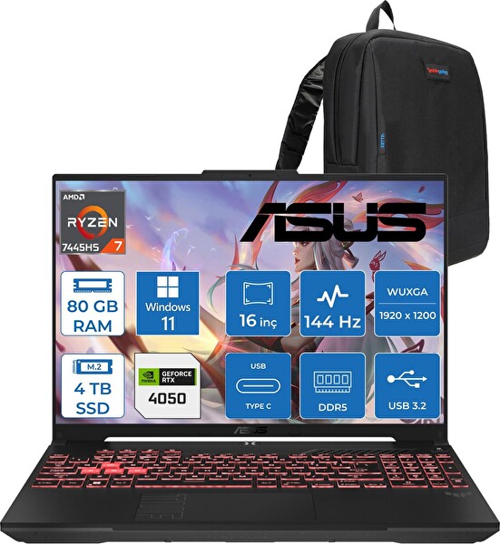 Asus Tuf Gaming A16 Amd Ryzen 7 7445HS 80 GB RAM 4 TB SSD RTX4050 6GB 140W 16