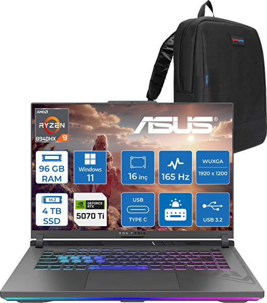 Asus Rog Strix G16 Ryzen 9 8940HX 96 GB RAM 4 TB SSD 12 GB RTX5070Tİ 16