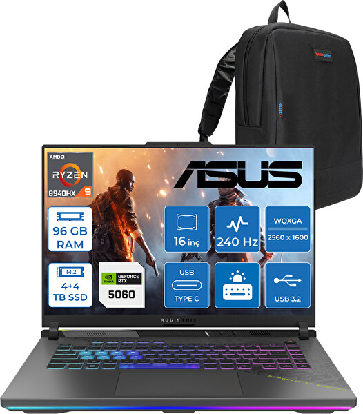 Asus Rog Strix G16 G614PM Ryzen 9 8940HX 96 GB RAM 4 TB SSD-4 TB SSD 8GB RTX5060 16