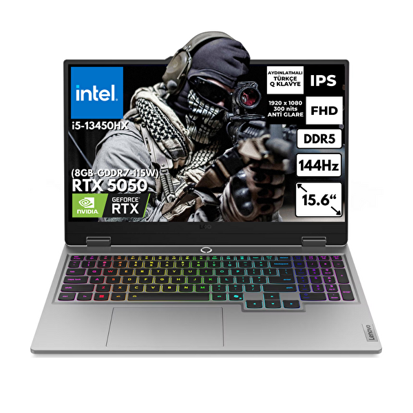 Lenovo LOQ 15IRX10 i5 13450HX 15.6 20 GB RAM DDR5 512 GB SSD RTX5050 FHD FreeDOS Gaming Laptop 83JE00JLTRAT7