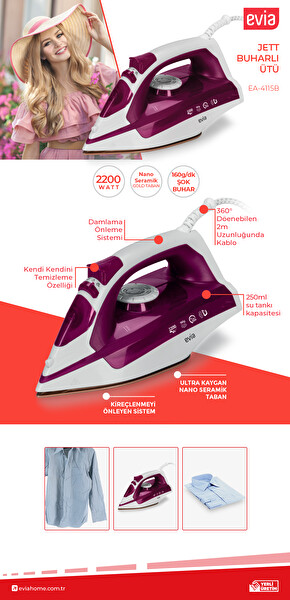 Evia EA-4115B Jett Seramik Tabanlı 2200 W Beyaz Mor Buharlı Ütü