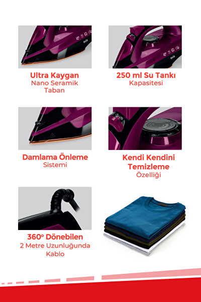 Evia Jett EA-4115S 2200 Watt Seramik Tabanlı 160 G Etkili Şok Siyah Mor Buharlı Ütü