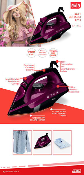 Evia Jett EA-4115S 2200 Watt Seramik Tabanlı 160 G Etkili Şok Siyah Mor Buharlı Ütü