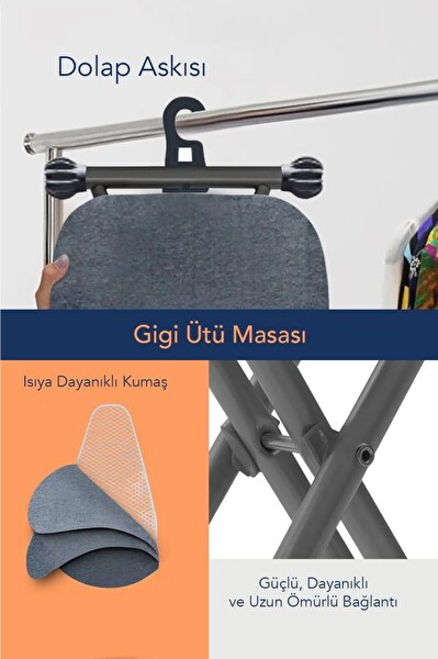 DigitHome Katlanabilir Çamaşır Kurutma Askısı Çamaşırlık ve Gigi Dolap İçi Asma Aparatlı Ütü Masası - UBS15024