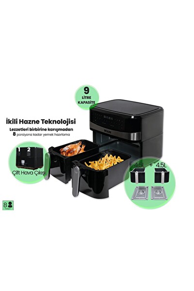 Wiami Çift Sepetli 9 L Siyah Yağsız Airfryer Fritöz