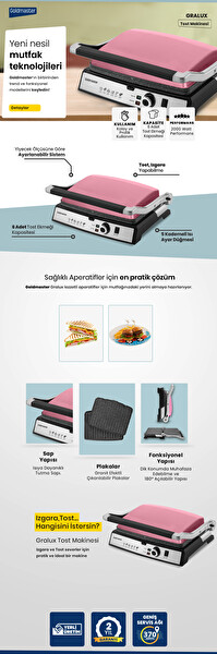 Goldmaster BY-5400P Gralux Paslanmaz Çelik 2000 W Granit Pembe Çıkarılabilir Plakalı Tost ve Izgara Makinesi