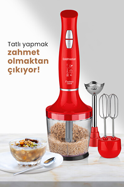 Goldmaster IN 6206K Fastmix 1000 W Sessiz Hız Ayarlı 3 In 1 Doğrama Karıştırma Kırmızı Blender Seti