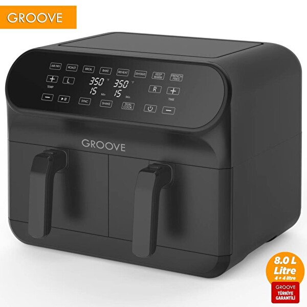 Groove Max Plus XXL 1800 W (4 L+4 L) 8 L Çift Hazneli Smart Airfryer Yağsız Siyah Sıcak Hava Fritözü